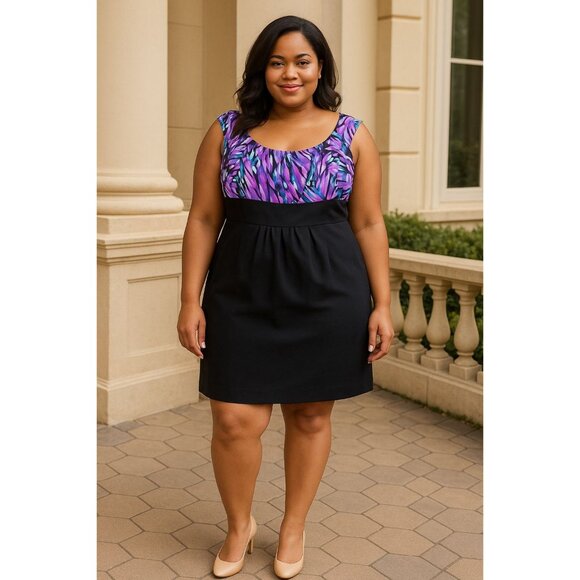 Perceptions New York Size 12 Dress Black Skirt Multicolor Print Cap Sleeves Back - Picture 10 of 10